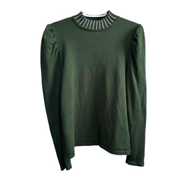 Questions? Green Rhinestone Long Sleeve Mock Neck Puffy Sleeve Sweater Sz Large - Picture 1 of 6